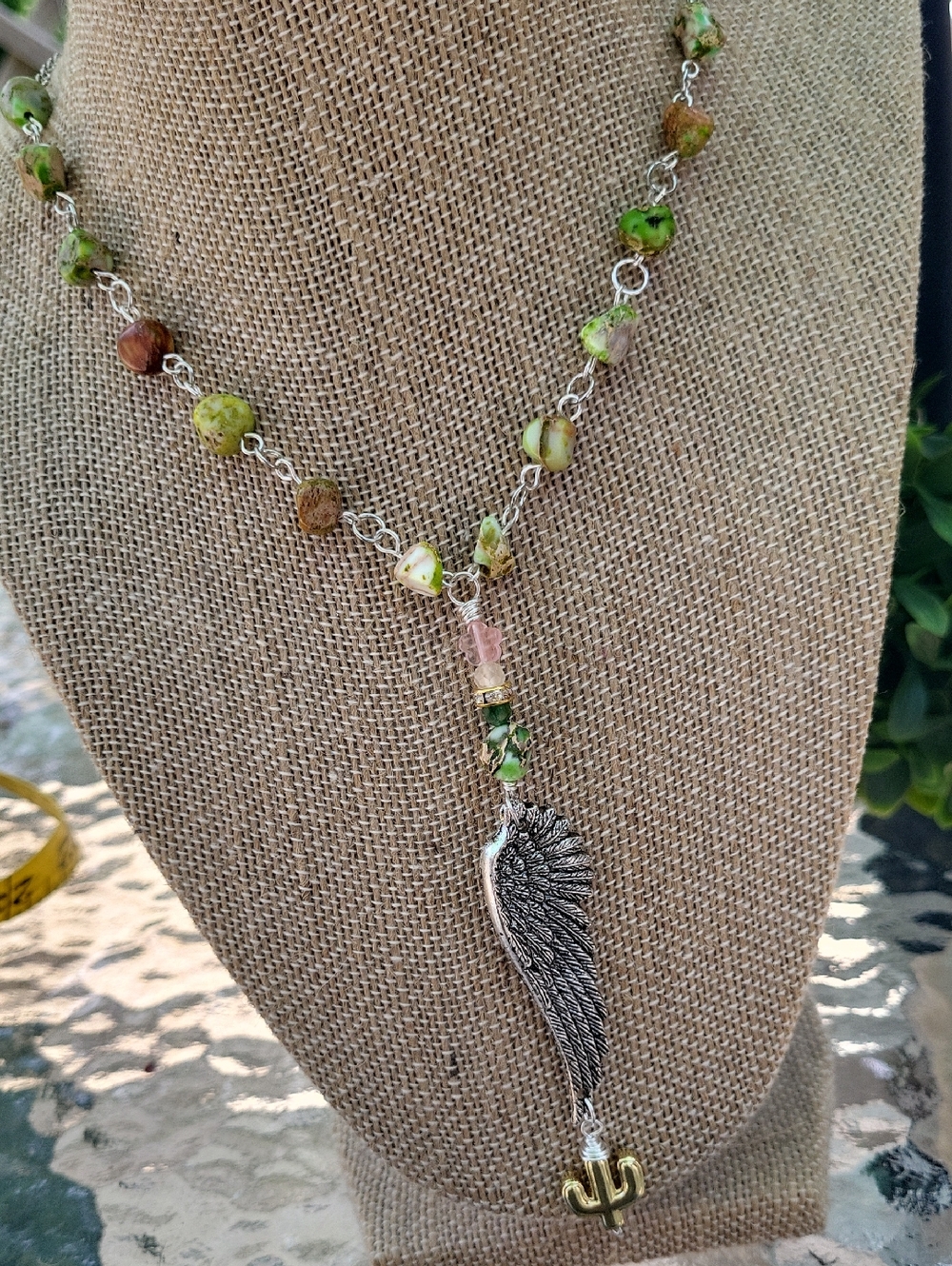 Sea Sediment Jasper Hand Beaded Necklace with Wing and Cactus Flower Pendant